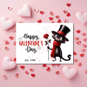 Black Cat With Top Hat Happy Valentines Day  Holiday Card