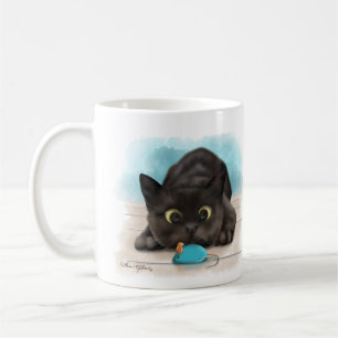 Black Cat with Toy Mouse Cartoon Coffee Mug