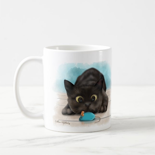 Black Cat with Toy Mouse Cartoon Coffee Mug (Left)