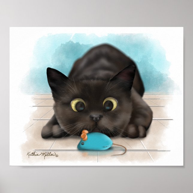 Black Cat with Toy Mouse Cartoon Poster (Front)