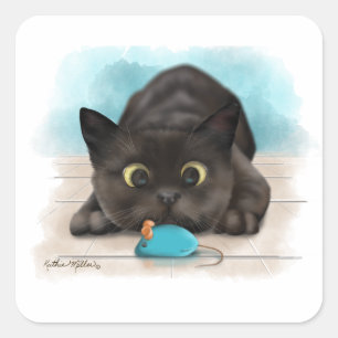 Black Cat with Toy Mouse Cartoon Square Sticker
