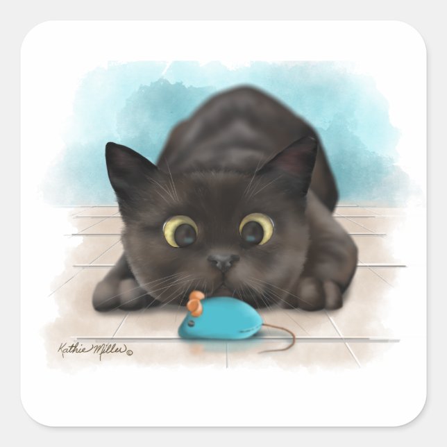 Black Cat with Toy Mouse Cartoon Square Sticker (Front)