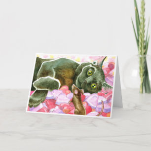 Black Cat with Valentine Hearts Holiday Card