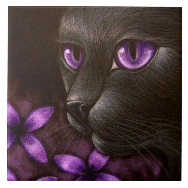 BLACK CAT with VIOLET FLOWERS TILE (Front)