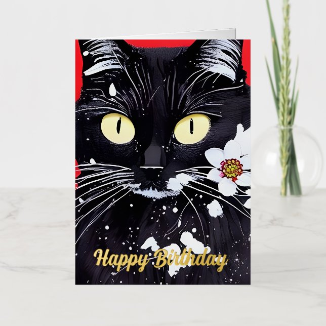 Black Cat With White Flowers Birthday Foil Greeting Card (Front)