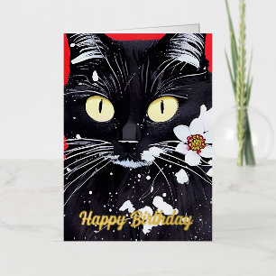 Black Cat With White Flowers Birthday Foil Greeting Card