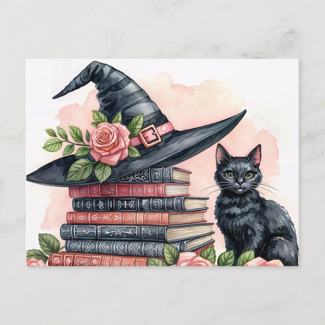 Black Cat With Witch Hat and Books Postcard (Front)