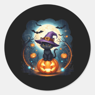 Black Cat With Witch Hat Candle And Scary Pumpkin Classic Round Sticker
