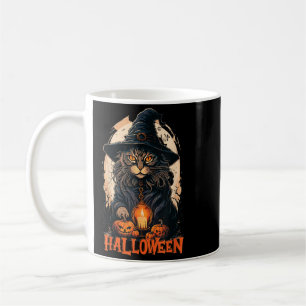 Black Cat With Witch Hat Candle And Scary Pumpkin Coffee Mug
