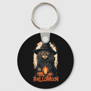 Black Cat With Witch Hat Candle And Scary Pumpkin Key Ring
