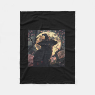 Black Cat with Witch Hat Halloween Fleece Blanket