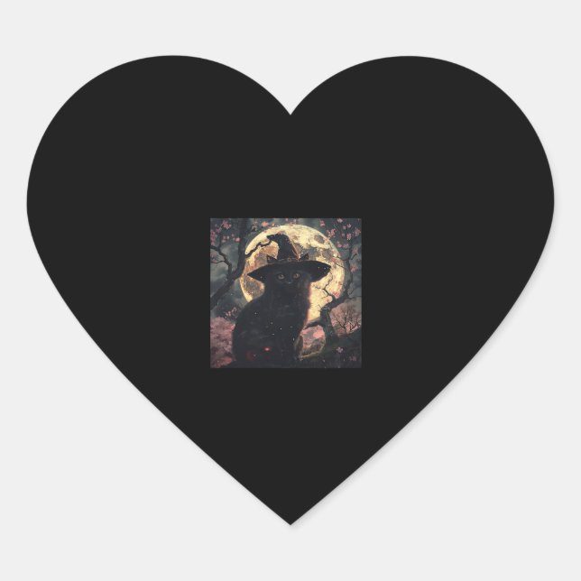 Black Cat with Witch Hat Halloween  Heart Sticker (Front)
