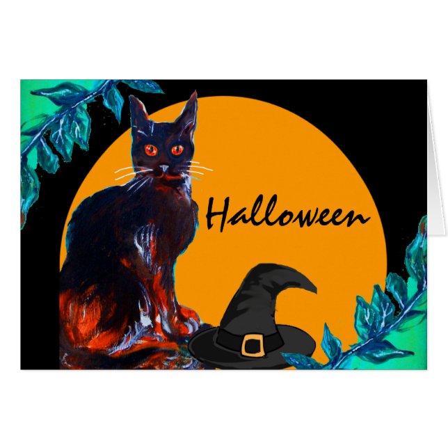 BLACK CAT WITH WITCH HAT, HALLOWEEN PARTY (Front Horizontal)