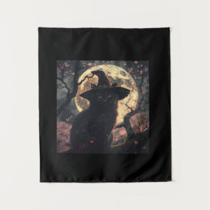 Black Cat with Witch Hat Halloween Tapestry