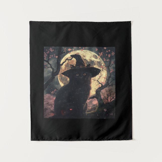 Black Cat with Witch Hat Halloween  Tapestry (Front)