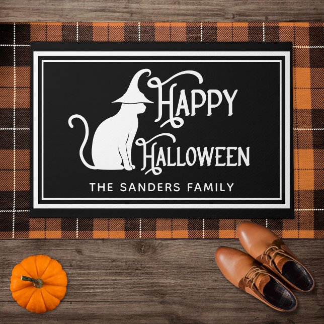 Black Cat with Witch Hat & "Happy Halloween" Doormat (Creator Uploaded)