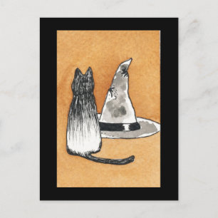 Black Cat with Witches Hat Postcard
