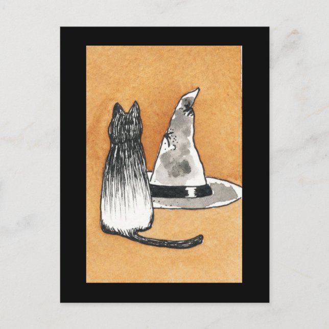 Black Cat with Witches Hat Postcard (Front)