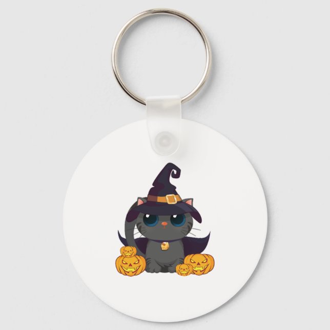 Black Cat With With Jack O Lantern Halloween Shirt Key Ring (Front)