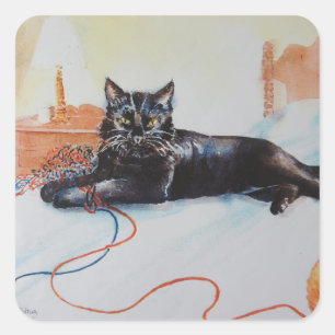 Black Cat with Yarn Square Sticker