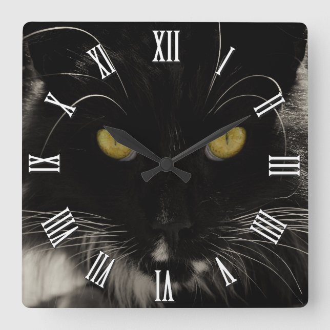 Black Cat with Yellow Eyes, Love Cats Square Wall Clock (Front)
