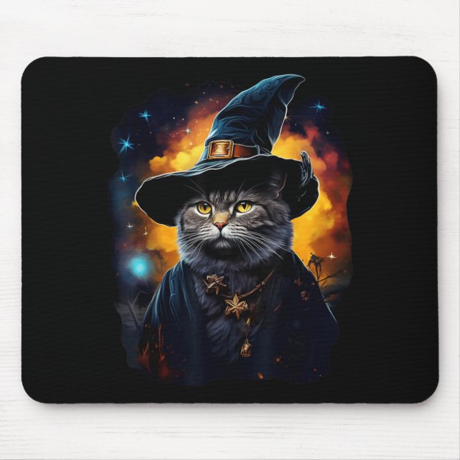 Black Cat Wizard Halloween Witch Mystical Black Mouse Pad (Front)