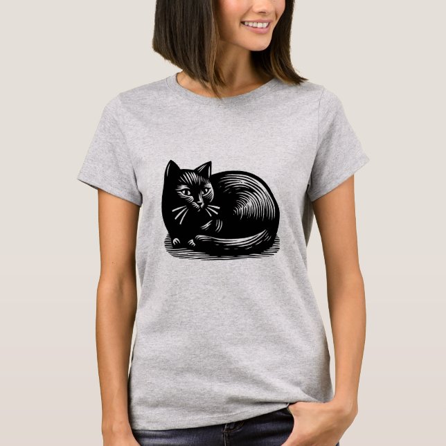  Black Cat Woodcut Style T-Shirt (Front)