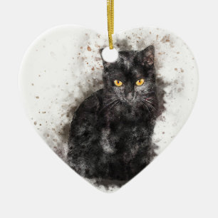 Black Cat Yellow Eyes Ceramic Ornament