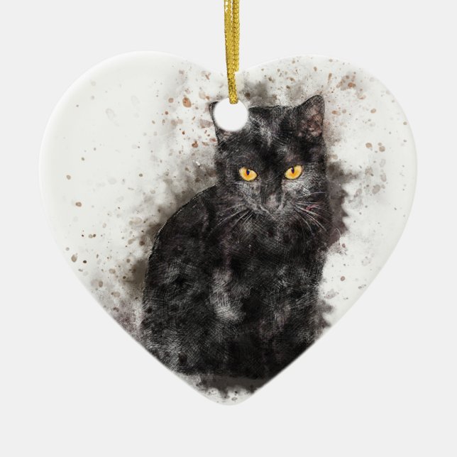 Black Cat Yellow Eyes Ceramic Ornament (Front)