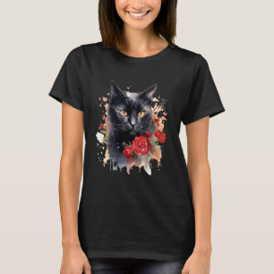 Black Cat Yellow Eyes Floral Red Roses Flowers Col T-Shirt