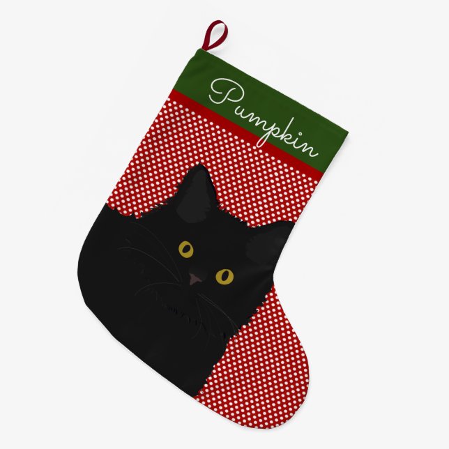 Black Cat Yellow Eyes Personalised Large Christmas Stocking (Front (Hanging))