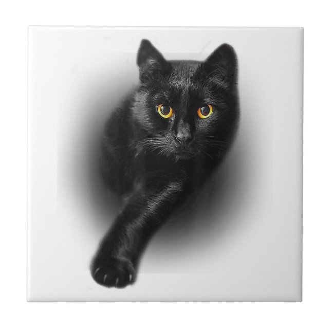 Black Cat Yellow Eyes T-Shirt Cats Tee Ceramic Tile (Front)