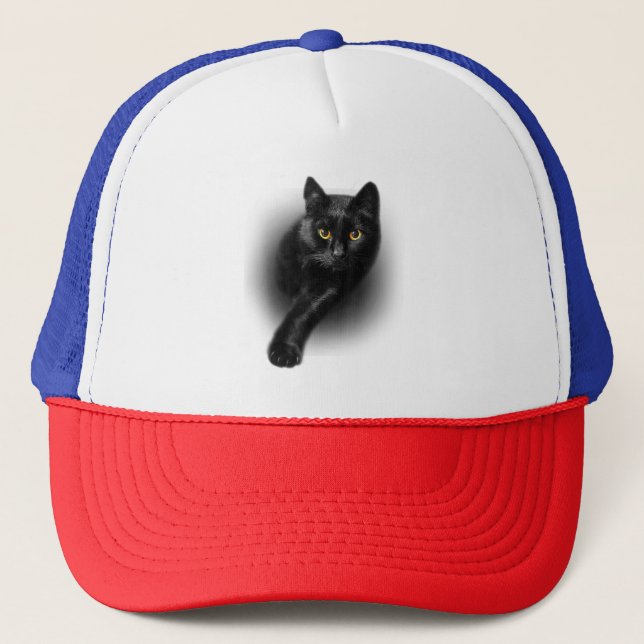 Black Cat Yellow Eyes T-Shirt Cats Tee Trucker Hat (Front)