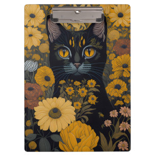 Black Cat Yellow Eyes Vintage Flowers #2 Clipboard