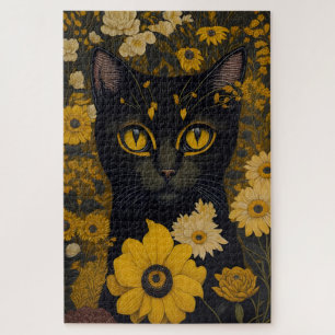 Black Cat Yellow Eyes Vintage Flowers #2 Jigsaw Puzzle