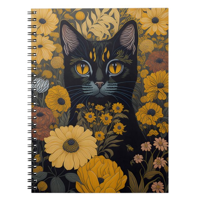 Black Cat Yellow Eyes Vintage Flowers Notebook (Front)