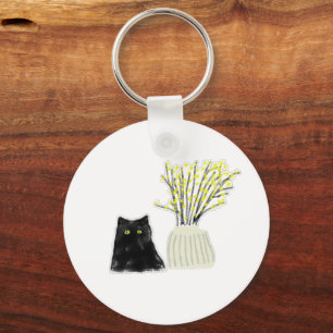 Black Cat Yellow Flowers Vase Pencil Art Key Ring