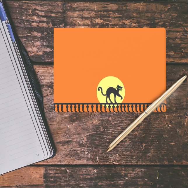 Black Cat Yellow Moon Fence Post-it Notes (Black cat on ornate black fence yellow moon on orange Halloween post it notes.)