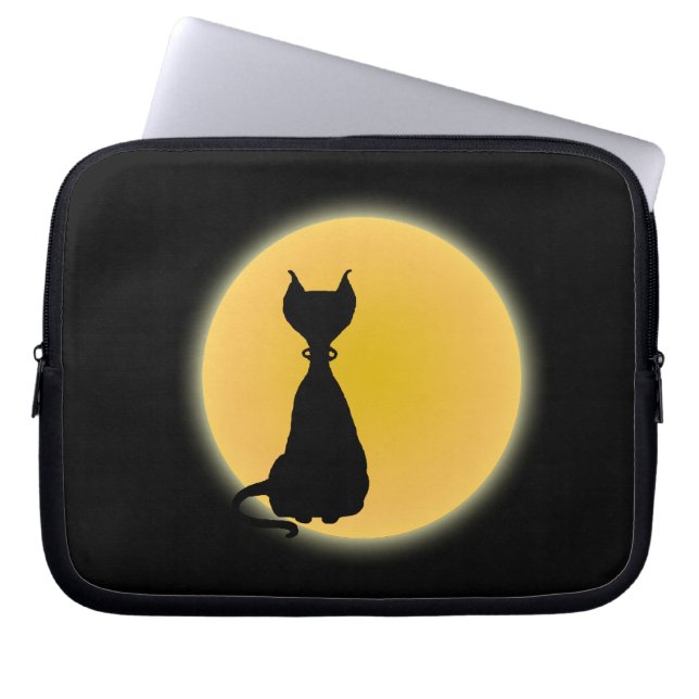 Black Cat & Yellow Moon Halloween Art Laptop Sleeve (Front)