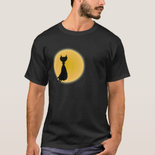 Black Cat & Yellow Moon Halloween Art T-Shirt
