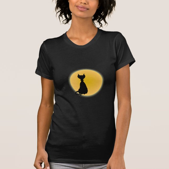 Black Cat & Yellow Moon Halloween Art T-Shirt (Front)
