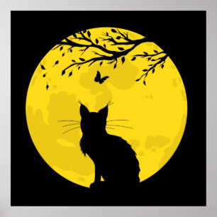 Black Cat Yellow Moon Poster