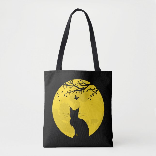 Black Cat Yellow Moon Tote Bag (Front)
