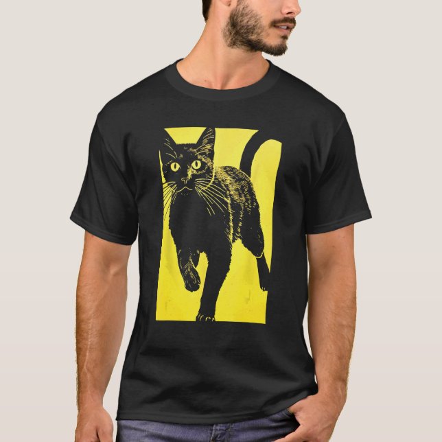 Black Cat Yellow Print T-Shirt (Front)