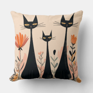 Black Cats Amid Vibrant Flowers and Foliage Cushion