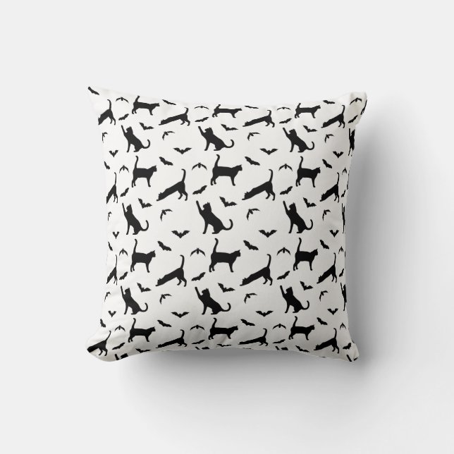 Black Cats And Bats Minimal Pattern Halloween Cushion (Front)