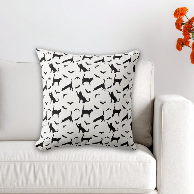 Black Cats And Bats Minimal Pattern Halloween Cushion (Creator Uploaded)