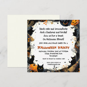 Black Cats and Broomsticks Halloween Party Invitation