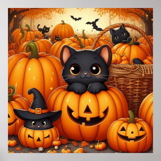 Black Cats and Jack-O-Lanterns Poster (Front)