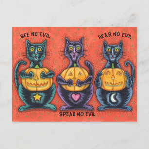 BLACK CATS AND JACKS SEE NO EVIL, FUNNY FELINES POSTCARD